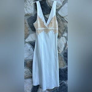 White Satin Full Length Nightgown Sz L Lace V Neck Elegant Classy Wedding Bridal